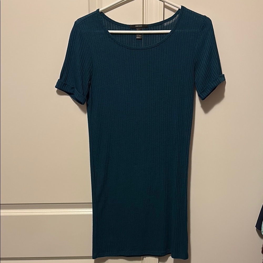 Teal Short Sleeve Ribbed Dress